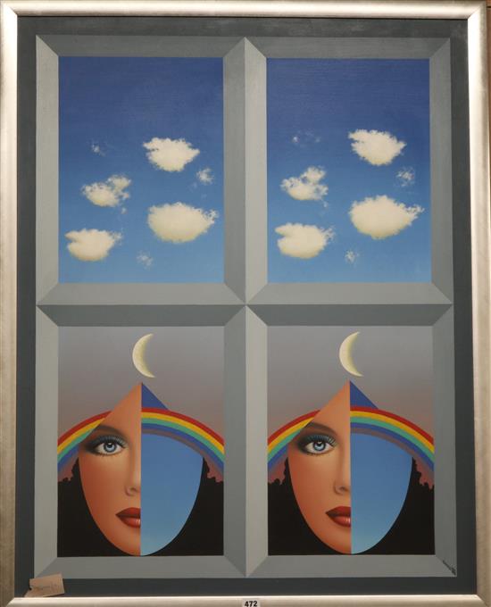 Anthony John Gray (b. 1946) Two faces, moons, clouds, window 40 x 31.5in.